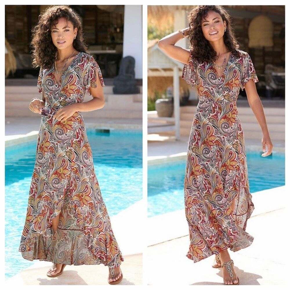LASCANA Women's Printed Side Slit Maxi Dress Size 10
